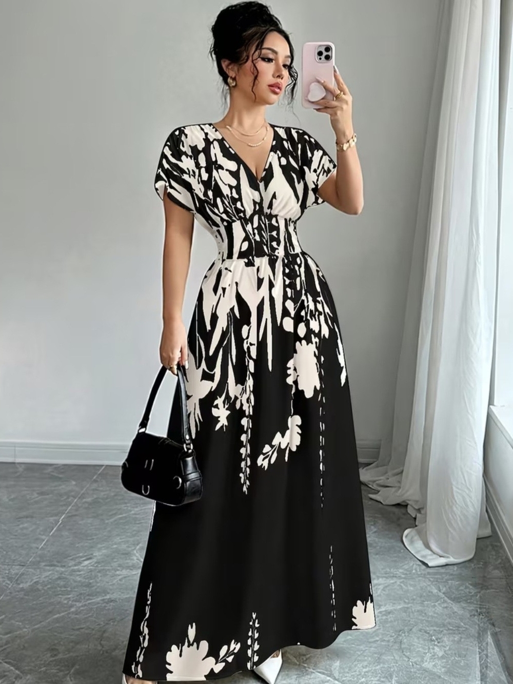Elegant Black & White Floral V-Neck Maxi Dress